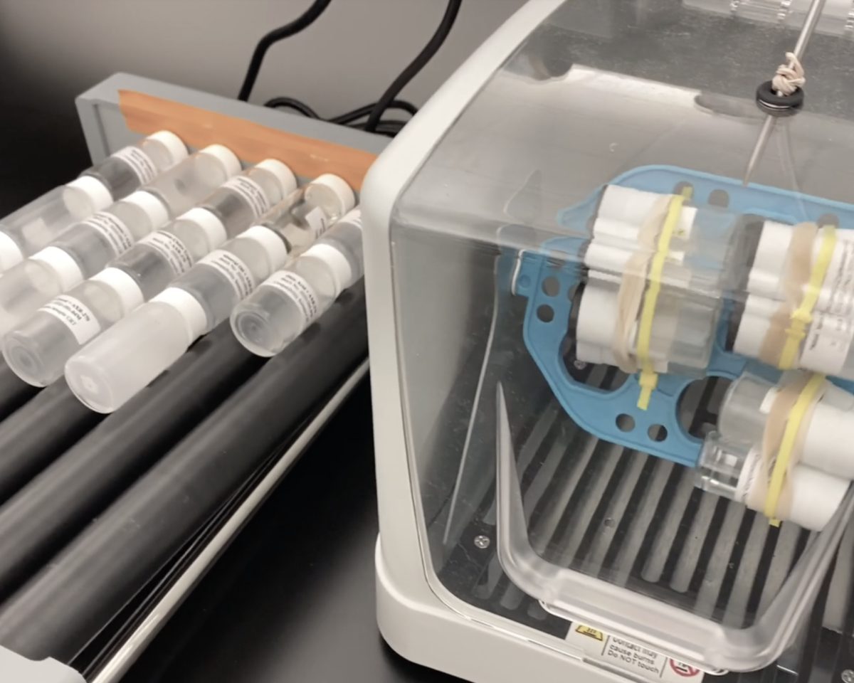 A machine for topical drug product formulation with a lot of tubes.