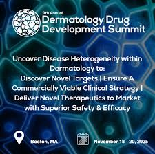 Promotional graphic for the 9th Annual Dermatology Drug Development Summit, held in Boston, MA, November 18-20, 2025, highlighting goals in dermatology drug research and development.
