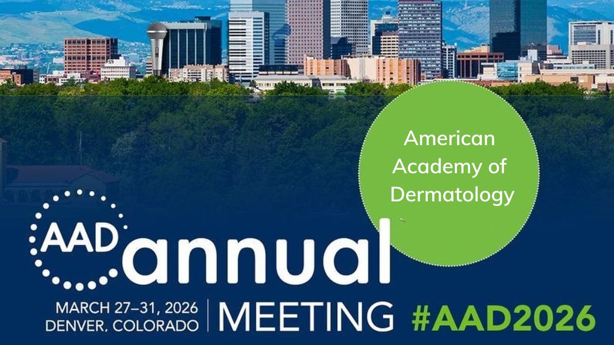 Banner for the AAD Annual Meeting, March 27-31, 2026 in Denver, Colorado, with city skyline and a green circle stating "American Academy of Dermatology.
