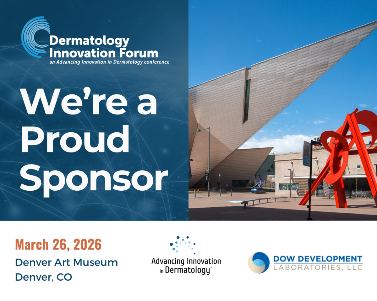 Promotional graphic for the Dermatology Innovation Forum, featuring event details, sponsor logos, and a photo of the Denver Art Museum.
