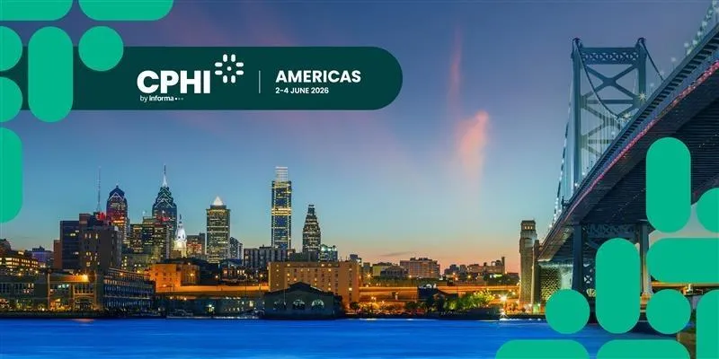 The image shows a city skyline at sunset with a large bridge on the right, promoting CPHI Americas, 2-4 June 2026.