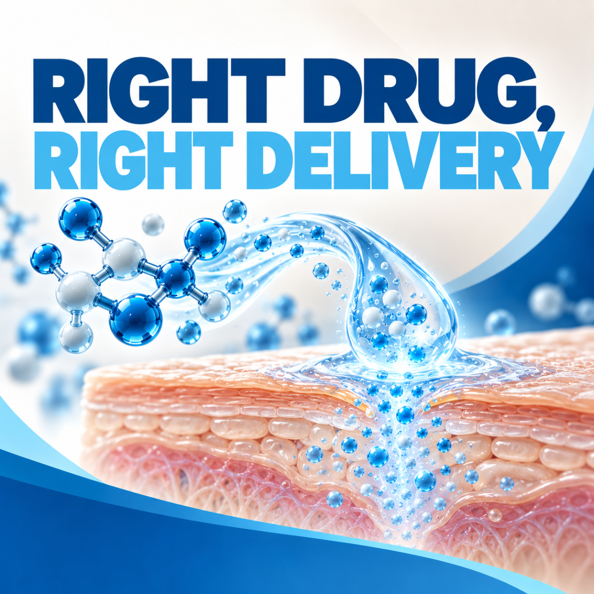 A 3D illustration of a molecular structure releasing droplets into a layer of skin, illustrating a drug delivery system with the text “RIGHT DRUG, RIGHT DELIVERY.”