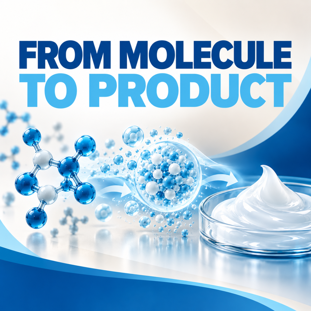 Text reading “FROM MOLECULE TO PRODUCT” above an illustration showing blue molecular structures of a drug candidate transforming into a swirl of white cream in a petri dish.