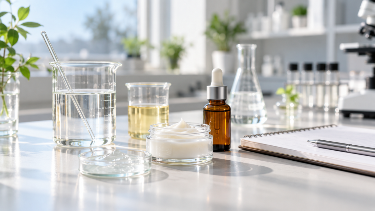 Skincare lab workspace with beakers, a dropper bottle of liquid formulation, a jar of cream, a notepad, and a pen on a sunlit table.